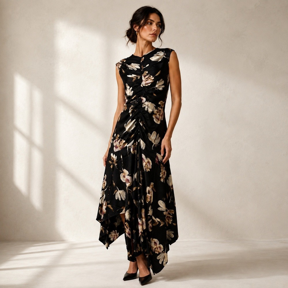 Melloday Maxi Dress Women XL Black Floral Ruched Satin Asymmetrical Wedding